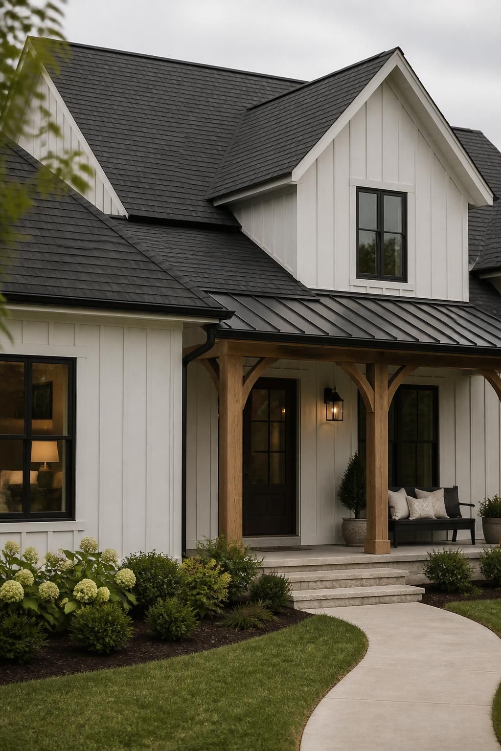 Modern home exterior with a freshly completed roof in natural light.